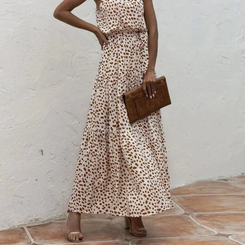 Dalmatian Print Ruffle Hem Belted Halter Dress - Picture 6 of 9